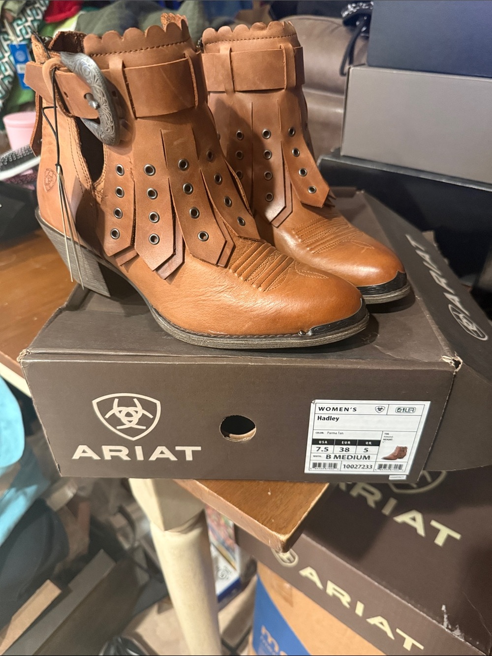 Ariat Tan Leather Fringe Ankle Boots with Decorative Buckle